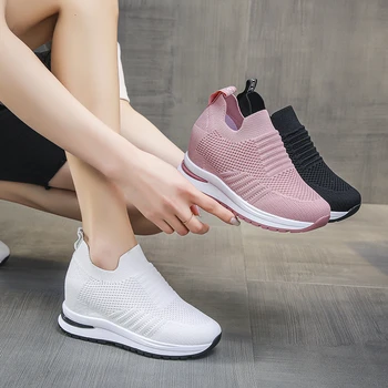 Женске ципеле 2022, летње ципеле на танкетке са скривеним петом, бело-розе патике женске повремене ципеле на платформи од дише решетка црне боје на високим потпетицама