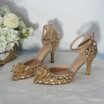 Женске венчање ципеле боје шампањца са златним кристалима, украшена шљокицама, високим потпетицама ципеле са каишем на щиколотке, женске вечерње модела ципеле