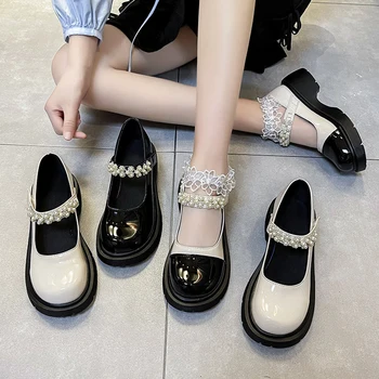 Женске кожне ципеле Мери Џејн у стилу ретро, црне танке ципеле на дебеле-солед ципеле са малим штрас и бисерима на толстоја пете