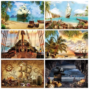 Ретро Пиратски брод, баби позадине за фотографисање на Дан рођења, Мапа блага, декор за журке, фотографски позадина, фото студио