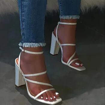 Модеран сандале на високим потпетицама Женске ципеле Класичне ципеле-брод Велике величине Безобразне ципеле на квадратном пете Женске сандале-гладијатори Беле телесног љубичасте боје