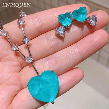Луксузни Турмалин Параиба у облику срца, плави камен, аквамарин, минђуше-каранфили са дијамантима, женска огрлица са суспензијом, свадбени Сетови накита