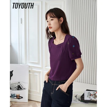 Toyouth/женска мајица 2023, Летње мајице са бујном рукавима и деколтеа у облику срца, слинки мајица са везом, црна, љубичаста, Y2K, модни шик врховима