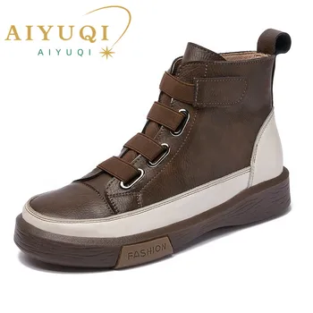 AIYUQI, женске зимске ципеле на равне ципеле од коже 2023, женске ципеле са краватом испред у древном стилу, трендовая студентски ципеле за девојчице