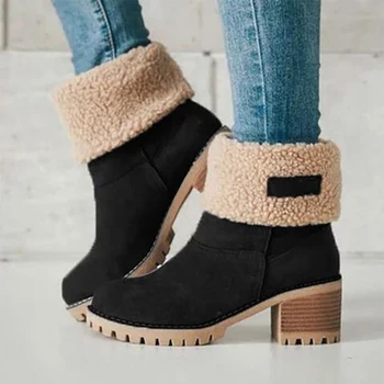 Нове женске ципеле, зимске улице топла крзна и чизме, водоотпоран женске зимске чизме на толстоја потпетице са округлим врхом, кратке чизме