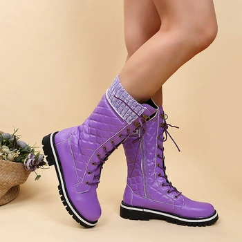 Женске плиш ципеле са платформом до средине телета, Новина зиме 2023. године, Дизајнер Топле Зимске ципеле, Женске ципеле на платформи са шнуровкой на меху, Botas De Mujer