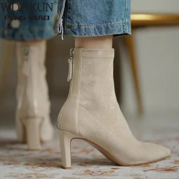 Женске ципеле са високим потпетицама, новина 2021, јесен-зима чизме на просеку потпетице са оштрим врхом у корејском стилу, женске ципеле са врхом